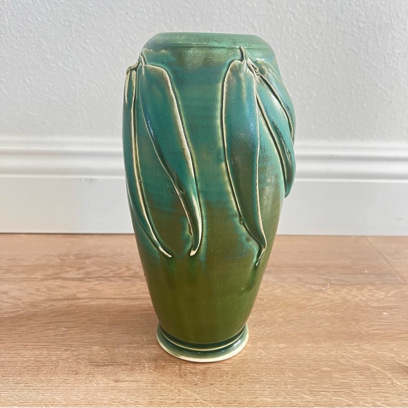 Antique Art Deco Pottery‎ Green Ceramic Vase Bamboo Leaf Signed By Artist 10”